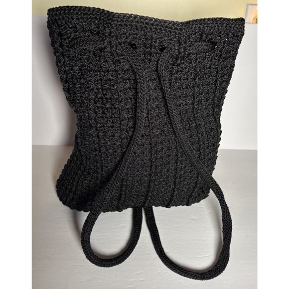 The Sak Crochet Knit Bucket Bag Lined Backpack Black 12" - Picture 2 of 16